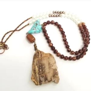 Petrified Wood Howlite Handmade Necklace - Beautiful Long Statement Necklace